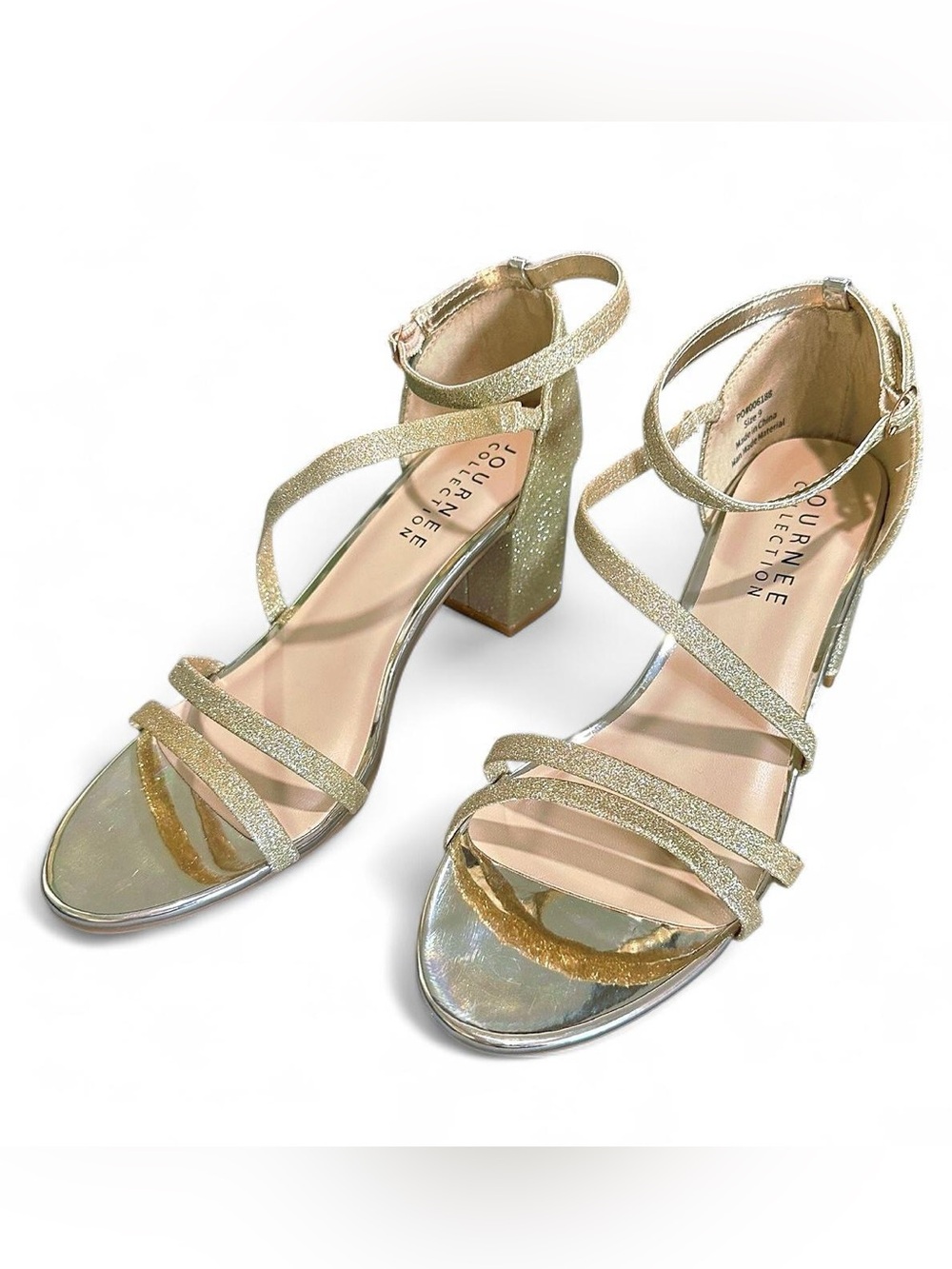 Journee Collection Gold Glitter Strappy Block Heels with Ankle Strap